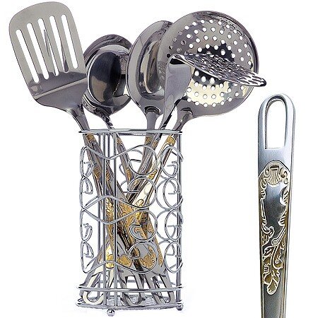 40450 (в уп.12наб.) - Набор кухонных принадлежност [01110594] 40450 (в уп.12наб.) - Набор кухонных принадлежностей 7пр. на подставке. (Половник 29х9х7см.-1шт, ложка 31,5х7,5х5см.-1шт, шумовка 32х10,5х5,5см.-1шт, лопатка с прорезями 33х7,8х3,5см.-1шт, вилка 31,5х2,4х2см.-1шт, пресс для картофеля 28,5х8х8,5см.-1шт.), материал: нержавеющая сталь.