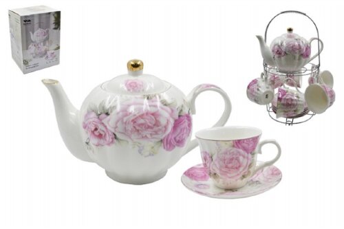 100363 ( уп.8наб.) - Чайный набор 13пр. на мет.под [01108193] 100363 ( уп.8наб.) - Чайный набор 13пр. на мет.подставке SRD03-F149 ( Чайник с крышкой 1070мл. - 1шт, кружка 220мл. - 6шт, блюдце 14см. - 6шт.), материал: фарфор.