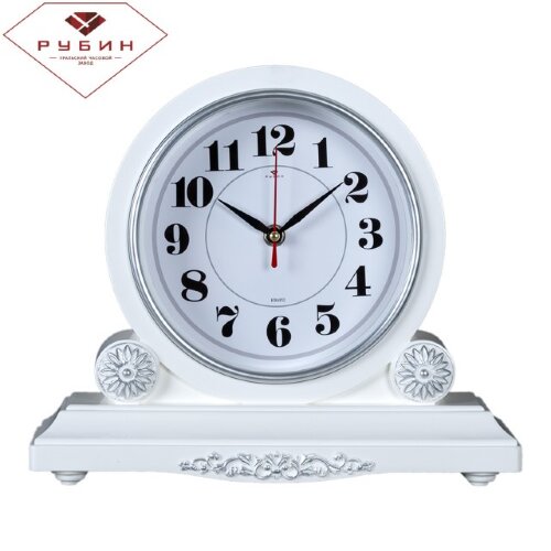 3026-004 (в кор.10шт.) - Часы настольные, размер: [01089565] 3026-004 (в кор.10шт.) - Часы настольные, размер: 30х26см, корпус белый с серебром "Классика"  "Рубин", кварцевый механизм с плавным ходом, материал: пластик, стекло, металл.