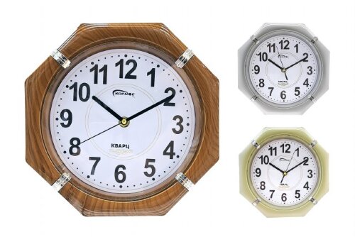 7038 MIX 3 цвета (серебряный, золотой, коричне), ( [01108153] 7038 MIX 3 цвета (серебряный, золотой, коричневый), (в уп.20шт.) - Часы Космос, можно использовать как настольные есть подставка, так и настенные, кварцевый механизм плавного хода, размер: 230х230х30мм, материал: пластик, органическое стекло.