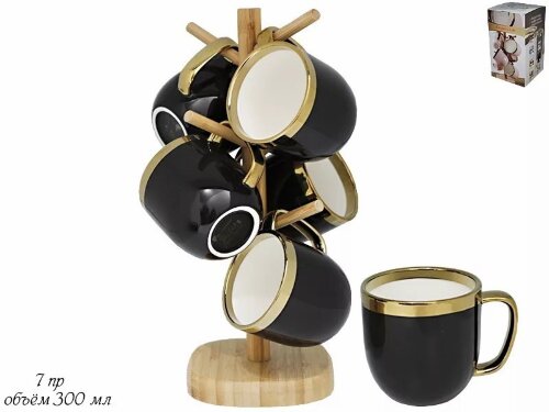 106-001 (в уп.6наб.) - Набор из 6 кружек 300мл. на [01105990] 106-001 (в уп.6наб.) - Набор из 6 кружек 300мл. на дер.подставке в под.упаковке, материал: фарфор.