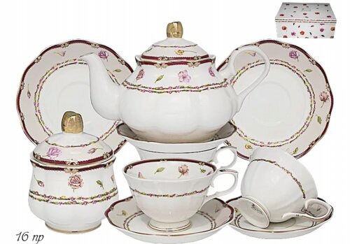 105-296 (в уп.3наб.) - Чайный сервиз 16пр. Венок в [01105978] 105-296 (в уп.3наб.) - Чайный сервиз 16пр. Венок в под.упак.(Чайник с крышкой 800мл, сахарница с крышкой, чашки 6шт. 220мл, блюдца 6шт.), материал: фарфор.