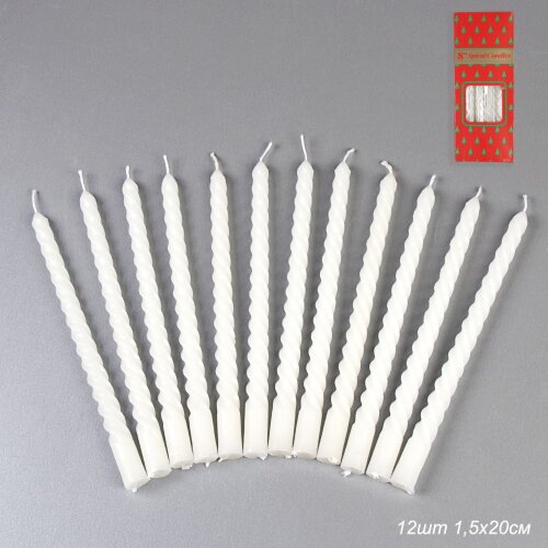 711428 (в уп.72наб.) - Свеча стержень, набор 12шт, [01111167] 711428 (в уп.72наб.) - Свеча стержень, набор 12шт, 20см, витая /GL-12W/, белые, матреиал: парафин.