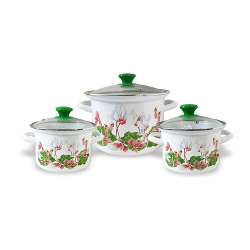 499911-РСВ (в уп.1наб.) - Набор из 3-х кастрюль со [01106850] 499911-РСВ (в уп.1наб.) - Набор из 3-х кастрюль со стекл.крышками (2,4л, 3,4, 5л.) "ЦИКЛАМЕН-5-1-ЛЮКС" пр-во ООО "КМК", материал: эмалированная сталь.